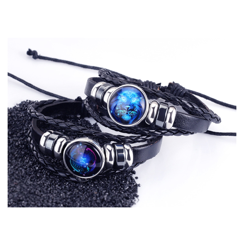 12 Constellation Men's and women's bracelet twelve constellation leather rope blue moonstone bracelet student hipster couple jewelry fashion men's models can be contracted and elongated