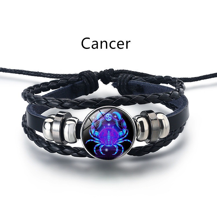 12 Constellation Men's and women's bracelet twelve constellation leather rope blue moonstone bracelet student hipster couple jewelry fashion men's models can be contracted and elongated Cancer,as picture