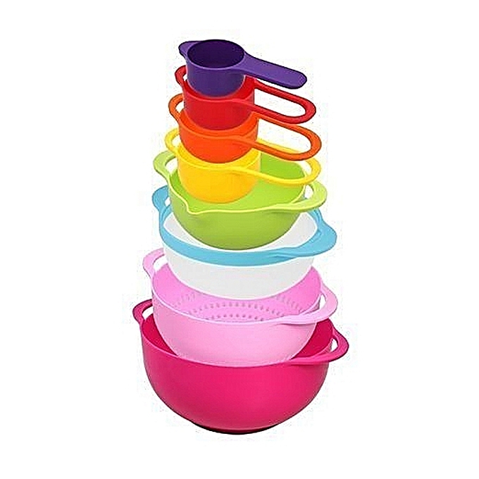 Colorful Mixing Bowl Set Plastic Measuring Cups Colander Mesh Sifter Stackable Mixing Bowls