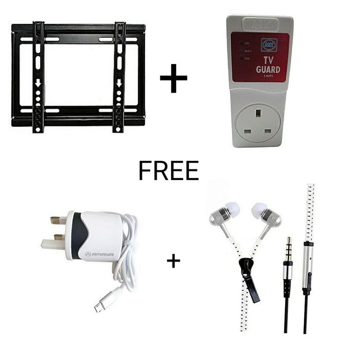 Wall Bracket for 14" to 42" TV + TV GUARD + CHARGER + ZIPPER EARPHONES