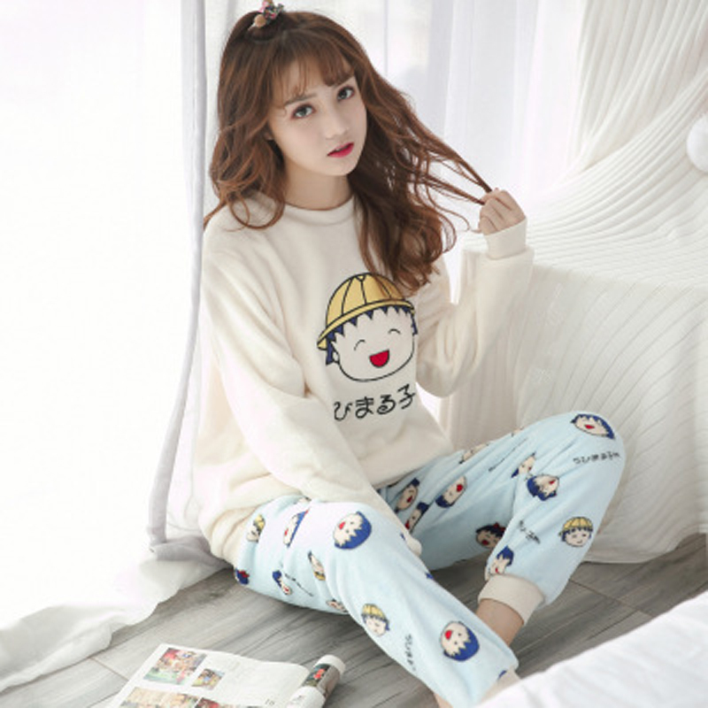 Women Pyjamas Thick Flannel Sheep Female Warm Winter Pajama Set Long Sleeve Full Trousers Two Piece