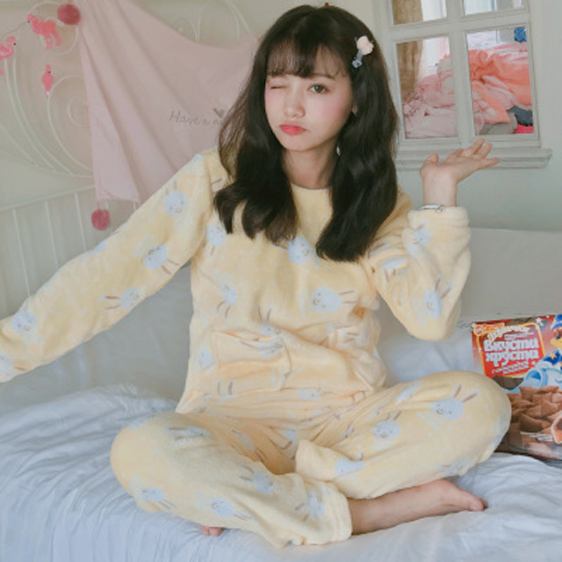 Women Pyjamas Thick Flannel Sheep Female Warm Winter Pajama Set Long Sleeve Full Trousers Two Piece