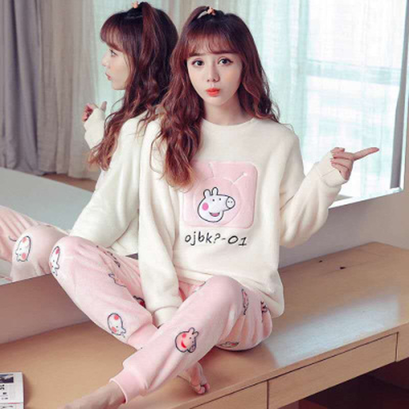 Women Pyjamas Thick Flannel Sheep Female Warm Winter Pajama Set Long Sleeve Full Trousers Two Piece