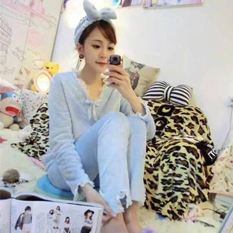 Women Pyjamas Thick Flannel Sheep Female Warm Winter Pajama Set Long Sleeve Full Trousers Two Piece