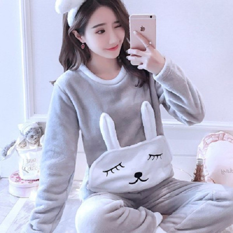 Women Pyjamas Thick Flannel Sheep Female Warm Winter Pajama Set Long Sleeve Full Trousers Two Piece