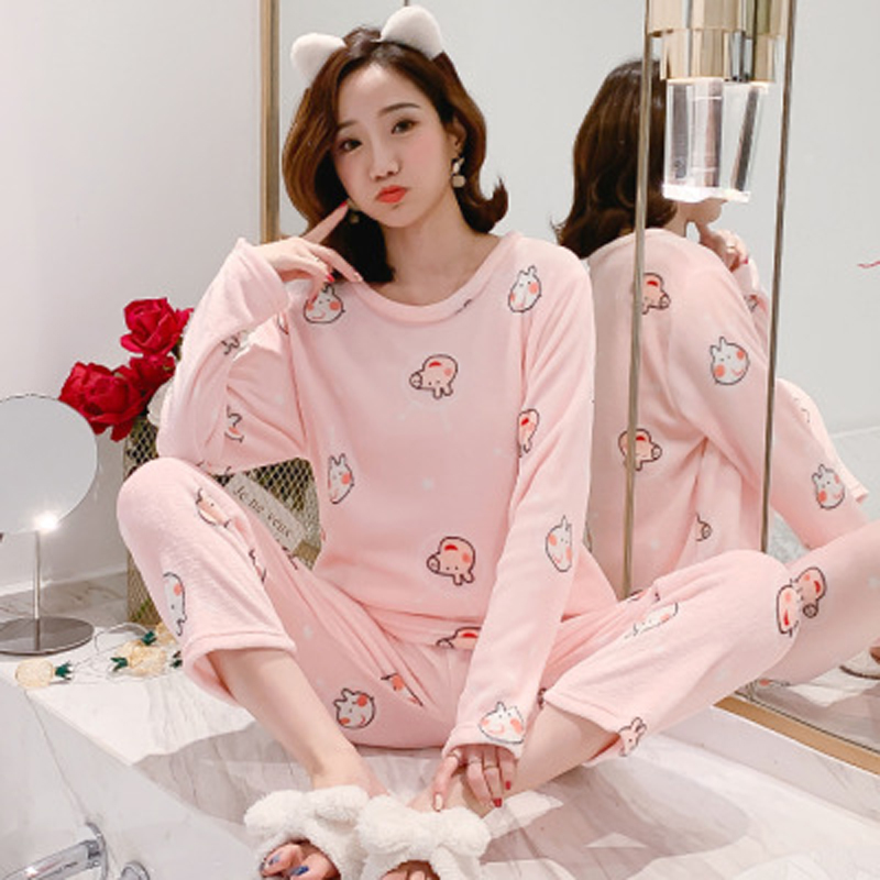 Women Pyjamas Thick Flannel Sheep Female Warm Winter Pajama Set Long Sleeve Full Trousers Two Piece