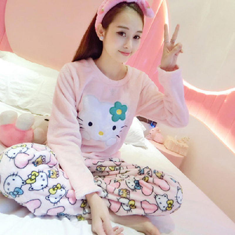 Women Pyjamas Thick Flannel Sheep Female Warm Winter Pajama Set Long Sleeve Full Trousers Two Piece