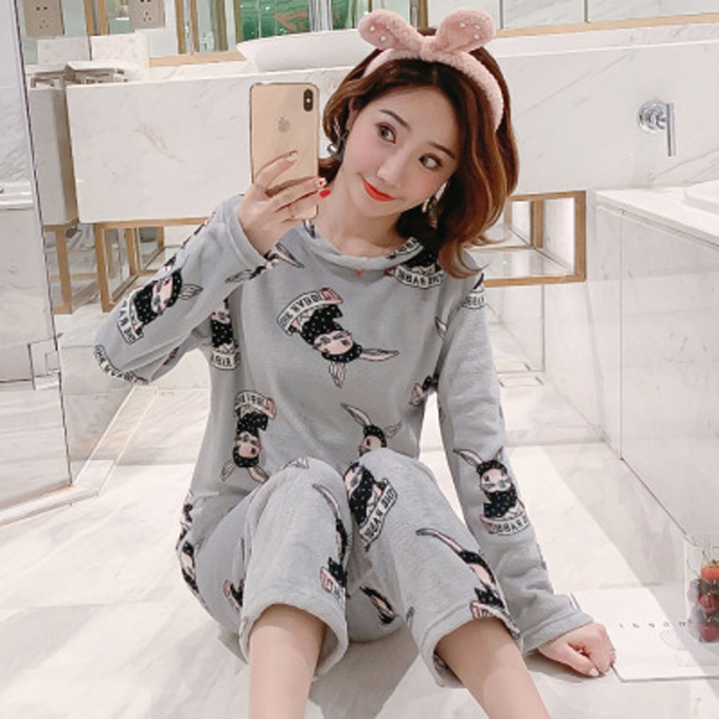 Women Pyjamas Thick Flannel Sheep Female Warm Winter Pajama Set Long Sleeve Full Trousers Two Piece