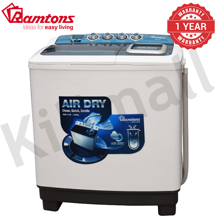 Ramtons RW/116 Twin Tub 10Kg Washer Washing Machines Household Appliances Twin tub washing machine 10kg Wash, 8.5kg Spin Airdry 420W wash/120W spin Normal/Heavy wash selector