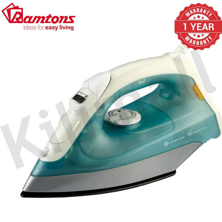 GREEN AND WHITE STEAM IRON - RM/306 Steam iron 1200 Watts Dry/spray/steam/vertical steam Continuous temperature control With light indicator function Over heating protection Non-stick soleplate