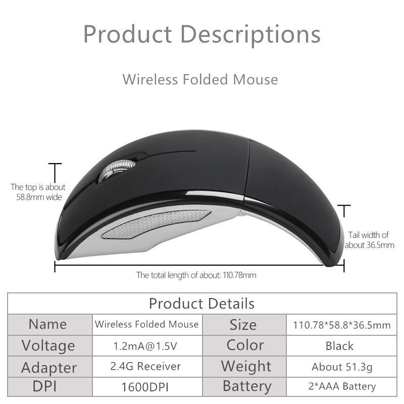 Wireless Mouse 2.4G Mouse Foldable Optical Mice USB Receiver for Laptop PC Computer Desktop Office