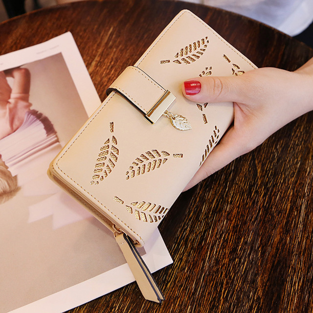 Women Wallet Female Long Wallet PU Leather Purse Hollow Leaves Pouch Handbag For Women Coin Purse