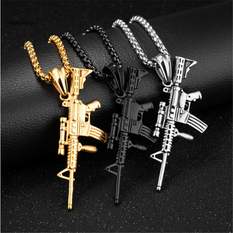 Men's Necklace Stainless Steel Rifle Man Pendant Necklace Hip Hop Shirt Accessories Jewelry Gift