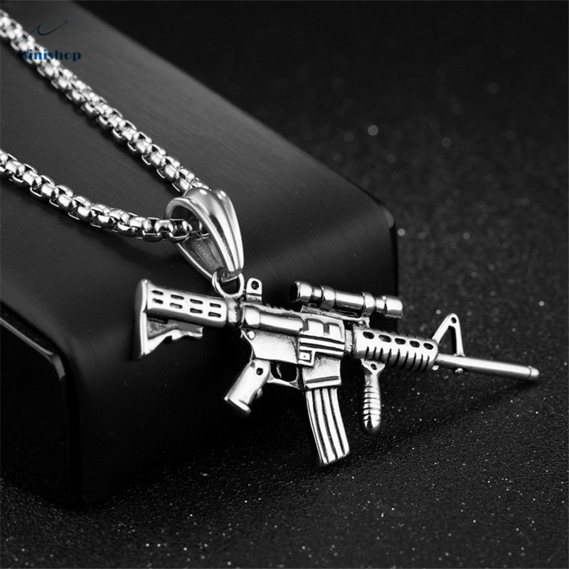 Men's Necklace Stainless Steel Rifle Man Pendant Necklace Hip Hop Shirt Accessories Jewelry Gift