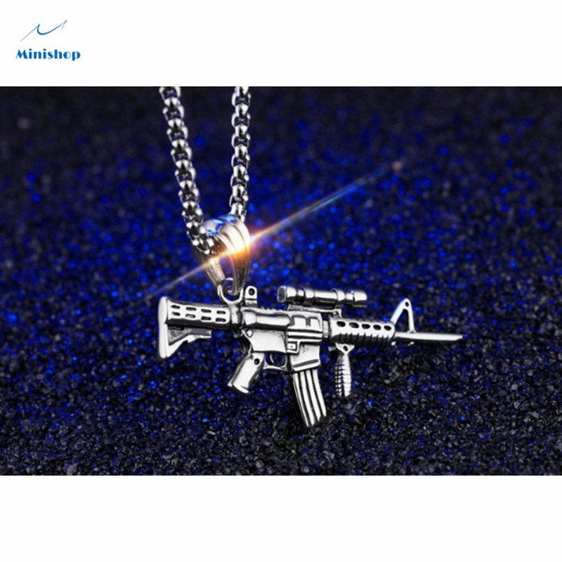 Men's Necklace Stainless Steel Rifle Man Pendant Necklace Hip Hop Shirt Accessories Jewelry Gift