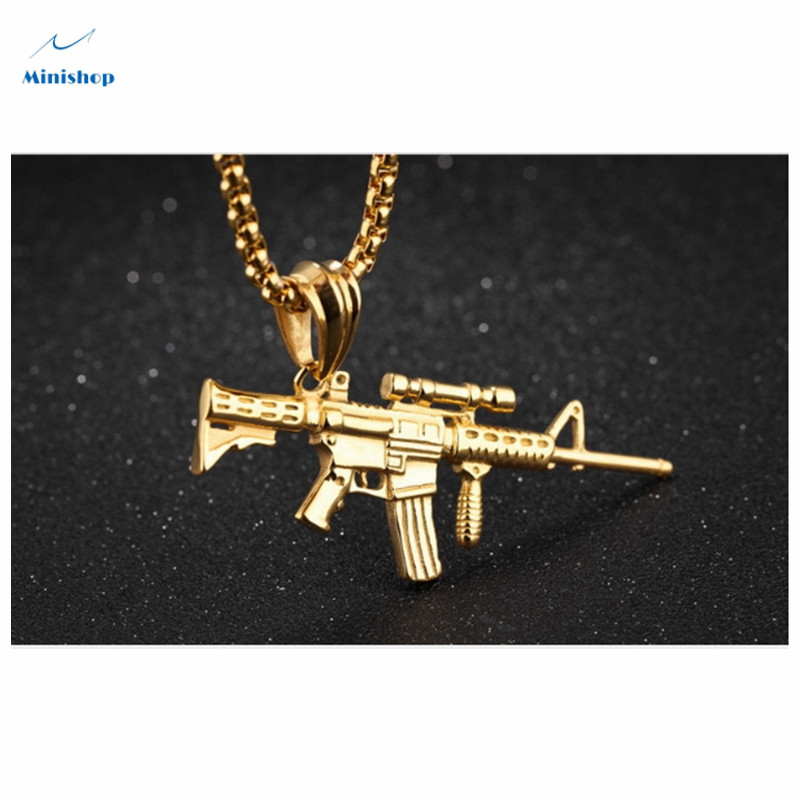 Men's Necklace Stainless Steel Rifle Man Pendant Necklace Hip Hop Shirt Accessories Jewelry Gift