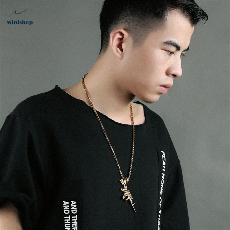 Men's Necklace Stainless Steel Rifle Man Pendant Necklace Hip Hop Shirt Accessories Jewelry Gift