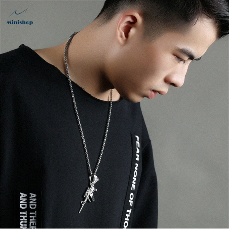 Men's Necklace Stainless Steel Rifle Man Pendant Necklace Hip Hop Shirt Accessories Jewelry Gift