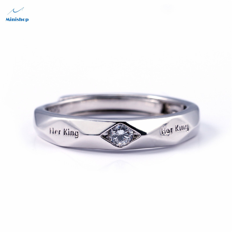 Fashion couple diamond ring silver-plated men&apos;s and women&apos;s rings Lettering&quot;Her King&quot;&quot; His queen&quot;