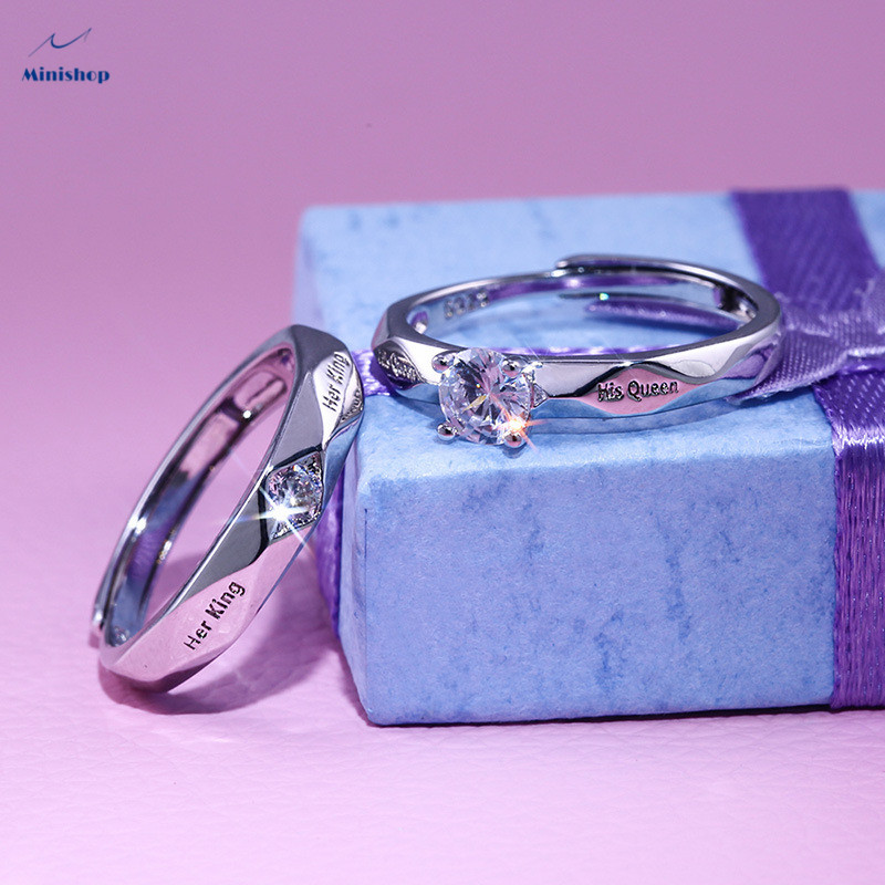 Fashion couple diamond ring silver-plated men&apos;s and women&apos;s rings Lettering&quot;Her King&quot;&quot; His queen&quot;