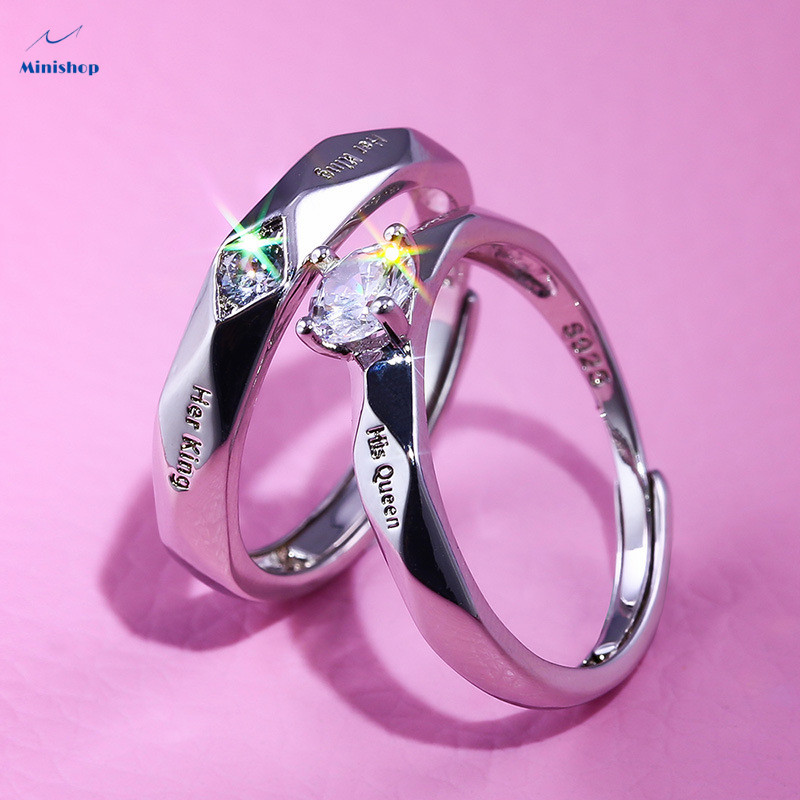 Fashion couple diamond ring silver-plated men&apos;s and women&apos;s rings Lettering&quot;Her King&quot;&quot; His queen&quot;
