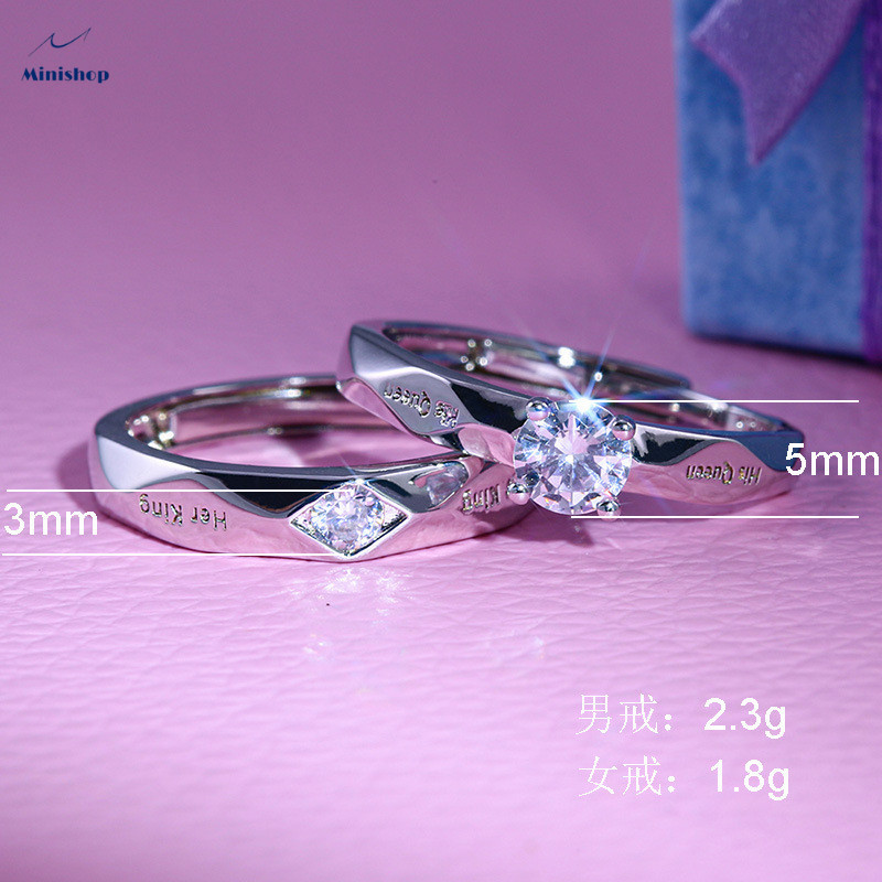 Fashion couple diamond ring silver-plated men&apos;s and women&apos;s rings Lettering&quot;Her King&quot;&quot; His queen&quot;