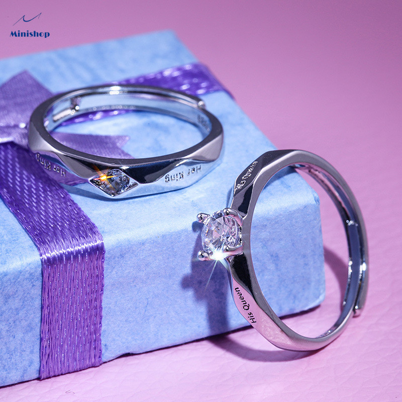 Fashion couple diamond ring silver-plated men&apos;s and women&apos;s rings Lettering&quot;Her King&quot;&quot; His queen&quot;