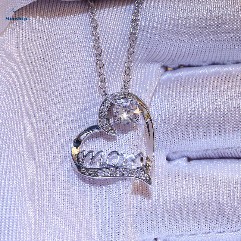 MOM Heart-shaped Zircon Diamond Women Necklace Plated With Gold Mother&apos;s Birthday Pendent Jewelry