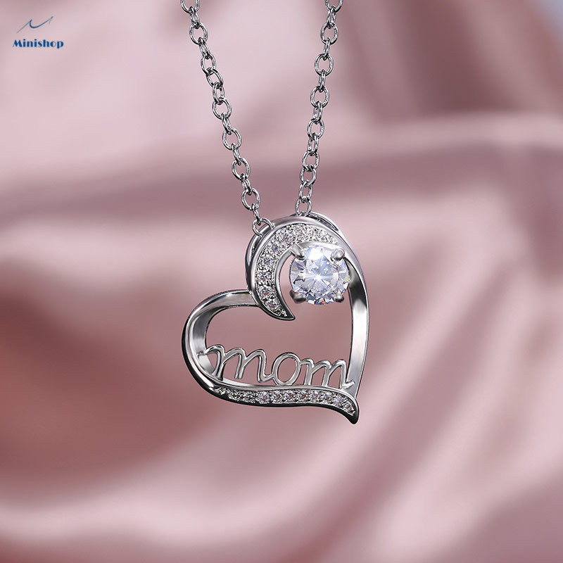MOM Heart-shaped Zircon Diamond Women Necklace Plated With Gold Mother&apos;s Birthday Pendent Jewelry