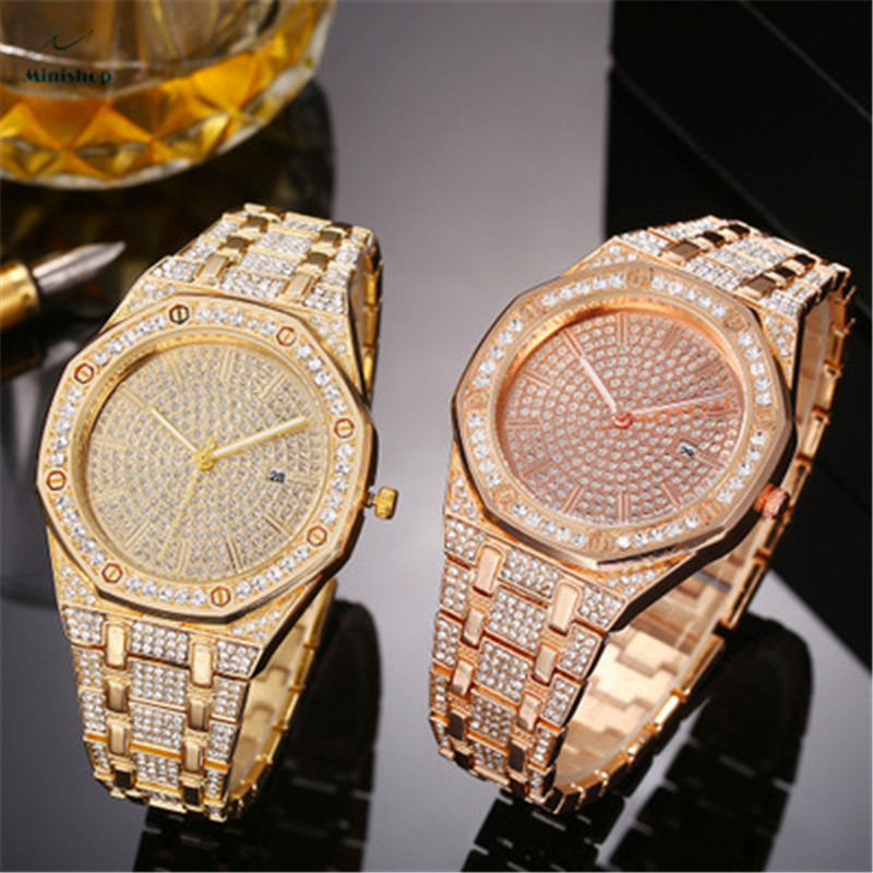 Men Iced Out High Glass Quartz Watch Creative New Diamond Calendar Watch Suit Accessories Jewelry