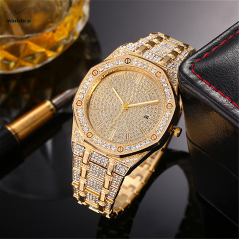 Men Iced Out High Glass Quartz Watch Creative New Diamond Calendar Watch Suit Accessories Jewelry
