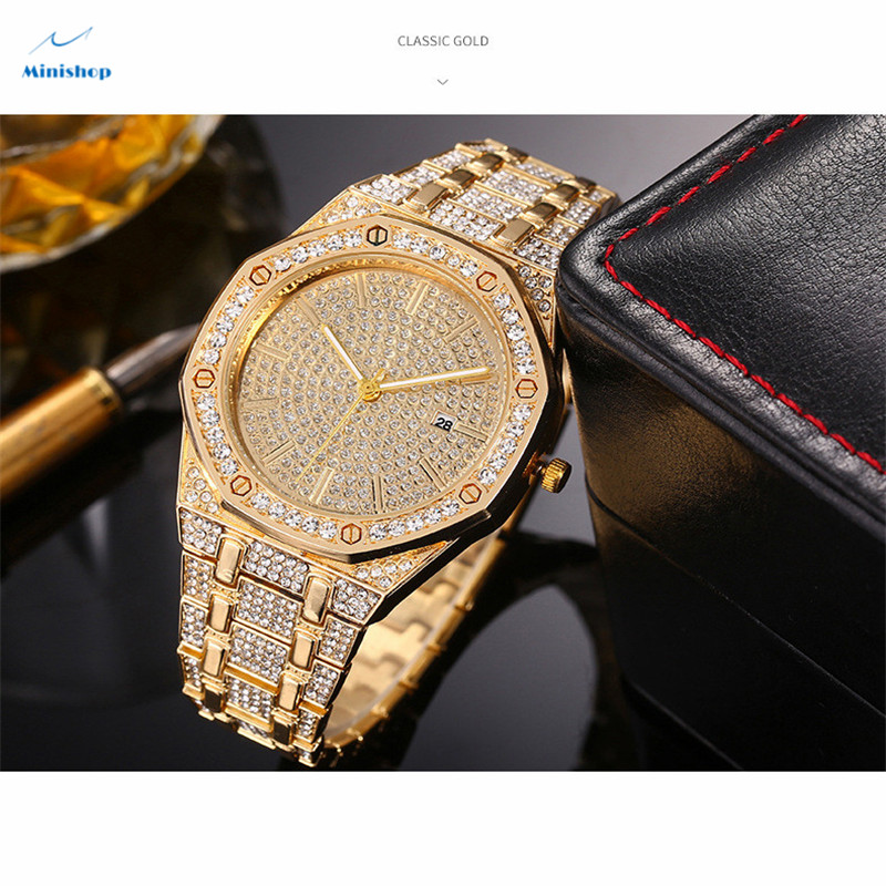Men Iced Out High Glass Quartz Watch Creative New Diamond Calendar Watch Suit Accessories Jewelry