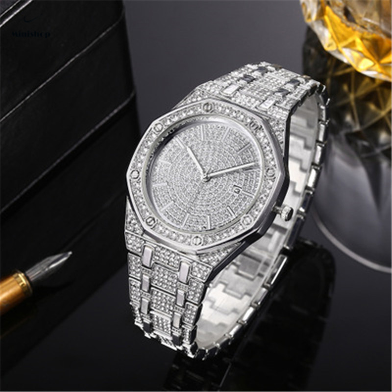Men Iced Out High Glass Quartz Watch Creative New Diamond Calendar Watch Suit Accessories Jewelry
