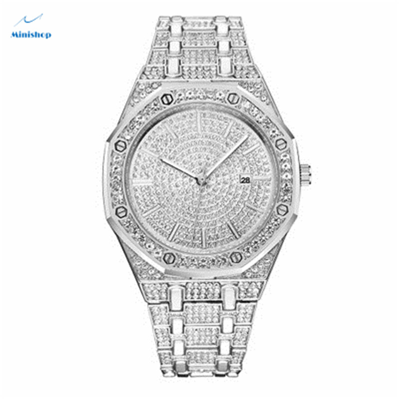 Men Iced Out High Glass Quartz Watch Creative New Diamond Calendar Watch Suit Accessories Jewelry
