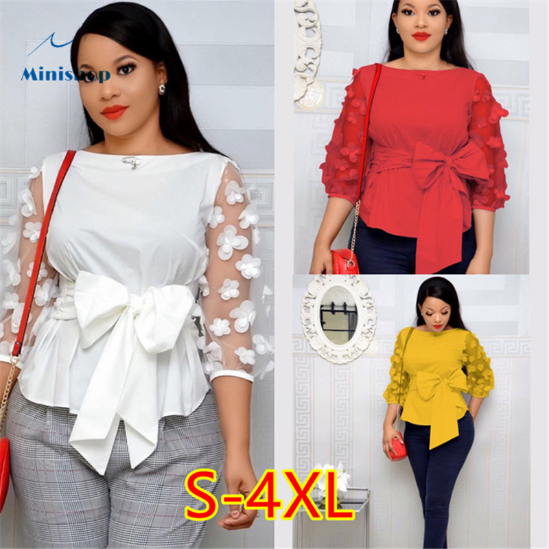 2020 New  Fashion African Women Dress with Bow Shirt Middle Chiffon  Slevee  Office Lady Causal Top