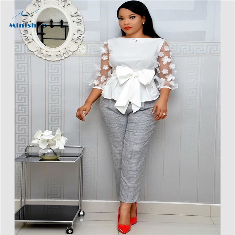 2020 New  Fashion African Women Dress with Bow Shirt Middle Chiffon  Slevee  Office Lady Causal Top