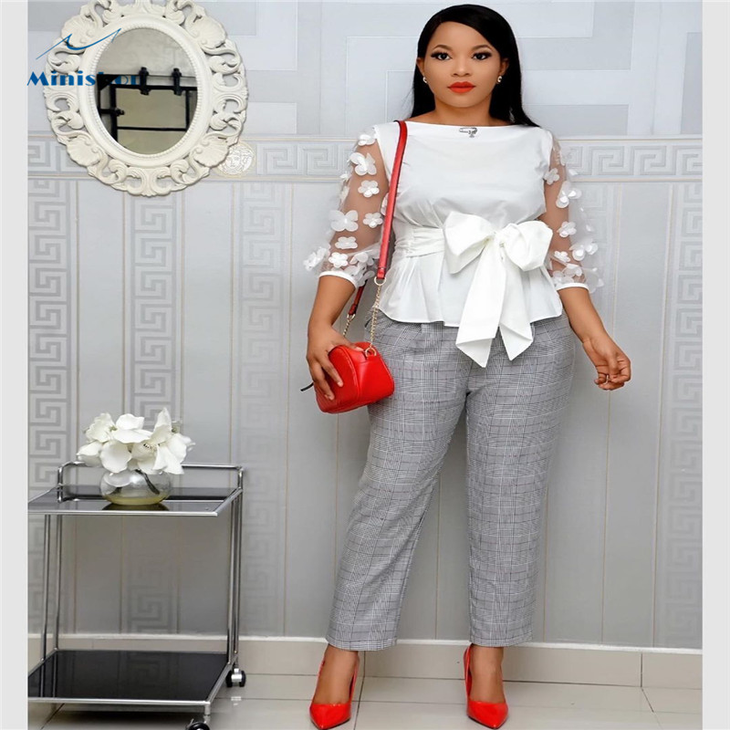 2020 New  Fashion African Women Dress with Bow Shirt Middle Chiffon  Slevee  Office Lady Causal Top