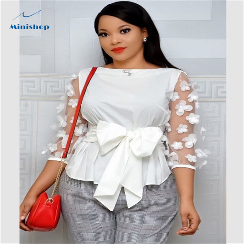 2020 New  Fashion African Women Dress with Bow Shirt Middle Chiffon  Slevee  Office Lady Causal Top