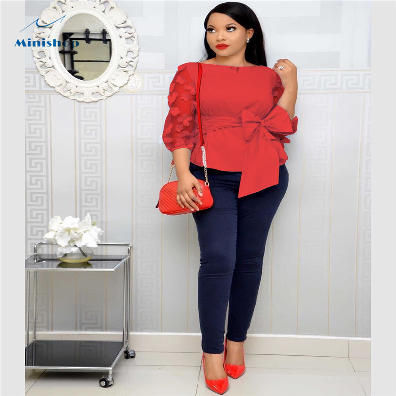 2020 New  Fashion African Women Dress with Bow Shirt Middle Chiffon  Slevee  Office Lady Causal Top