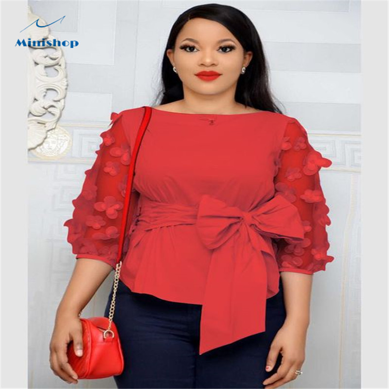 2020 New  Fashion African Women Dress with Bow Shirt Middle Chiffon  Slevee  Office Lady Causal Top