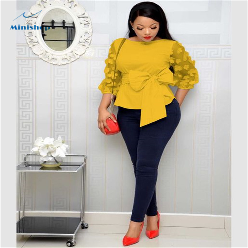 2020 New  Fashion African Women Dress with Bow Shirt Middle Chiffon  Slevee  Office Lady Causal Top