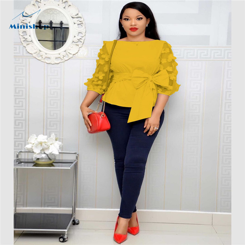 2020 New  Fashion African Women Dress with Bow Shirt Middle Chiffon  Slevee  Office Lady Causal Top