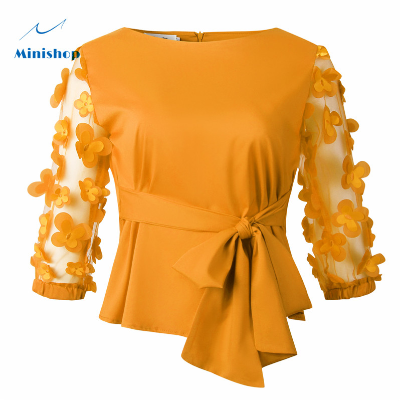 2020 New  Fashion African Women Dress with Bow Shirt Middle Chiffon  Slevee  Office Lady Causal Top