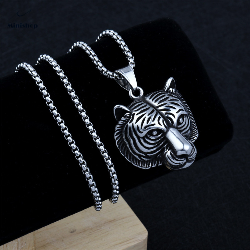 Men's Hip Hop Necklace Tiger Head Pendant Stainless Steel Chain Jewelry Overbearing Accessories