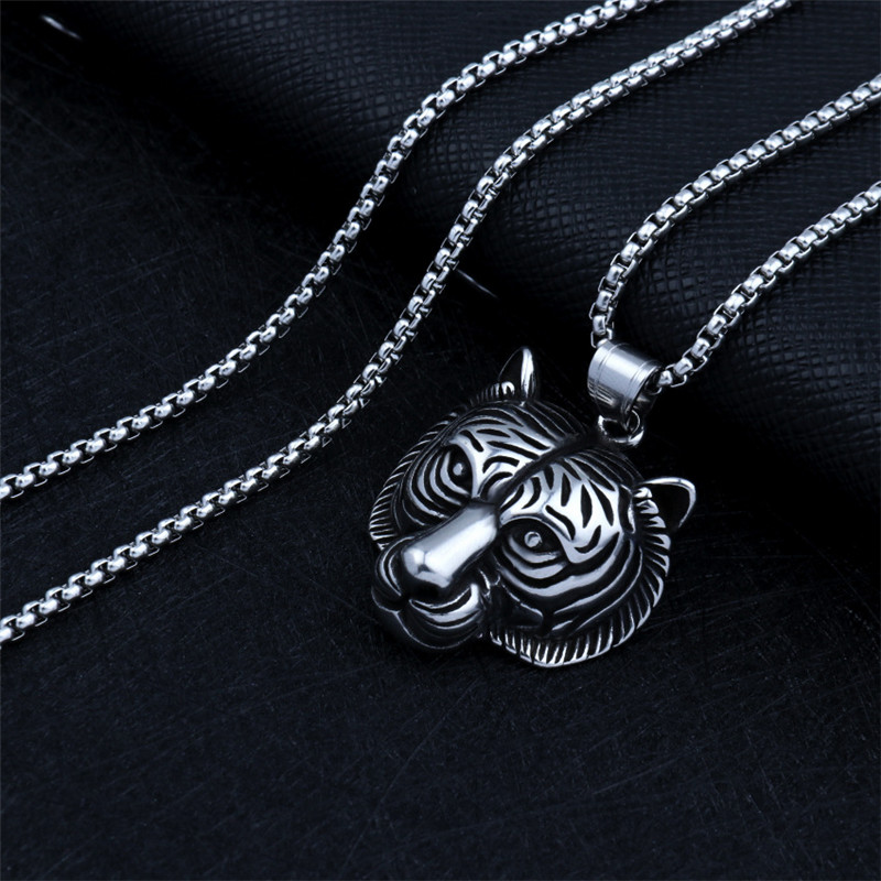 Men's Hip Hop Necklace Tiger Head Pendant Stainless Steel Chain Jewelry Overbearing Accessories