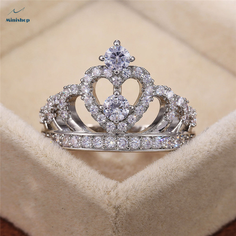 Women's Ring Classic Silver plated Lady Crown Zircon Wedding Diamond Ring Proposal Ring