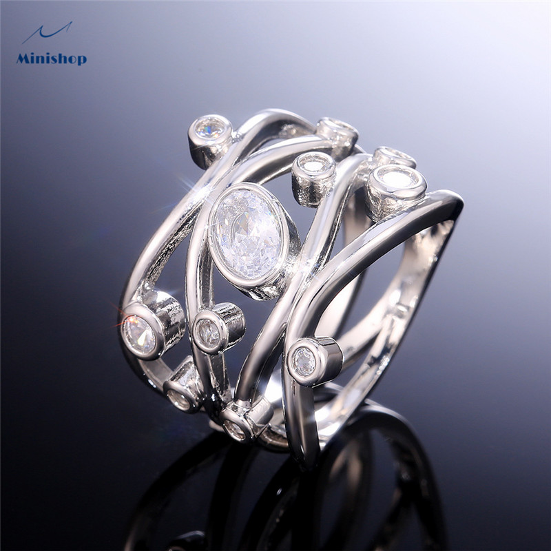 Women Creative  Curve Zircon Diamond Ring Copper Plated Platinum Silver Jewelry Dress Accessories
