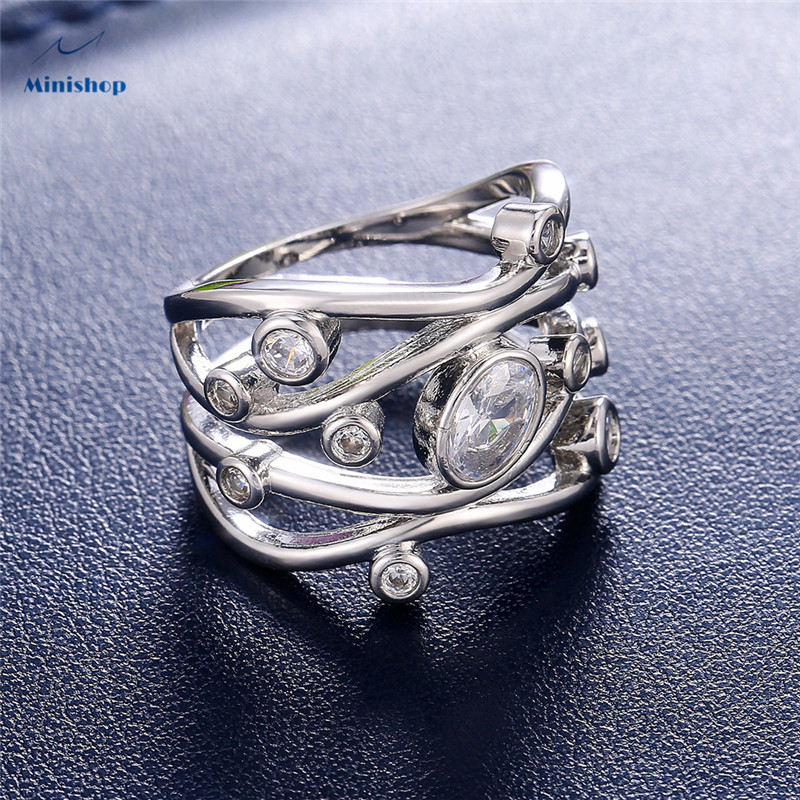 Women Creative  Curve Zircon Diamond Ring Copper Plated Platinum Silver Jewelry Dress Accessories