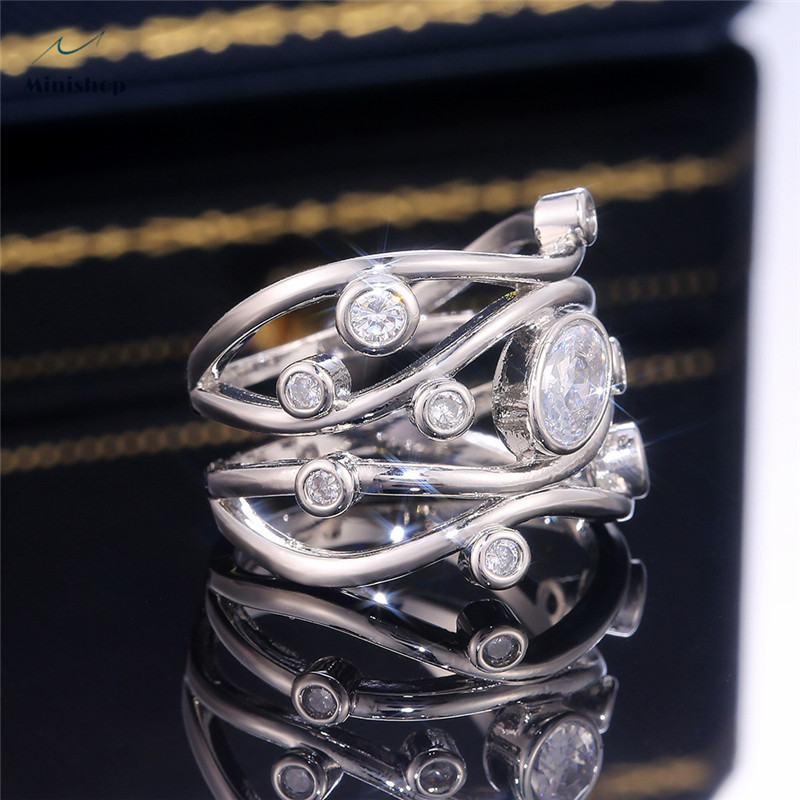 Women Creative  Curve Zircon Diamond Ring Copper Plated Platinum Silver Jewelry Dress Accessories