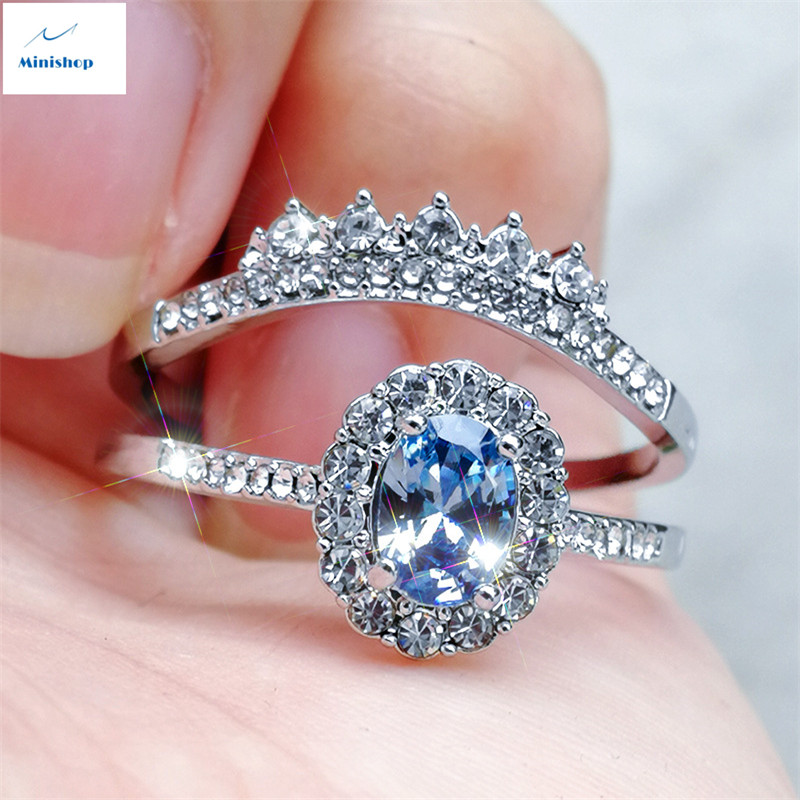 Women New Silver Oval Lake Blue Diamond Ring Fashion Ladies 2 PCS Ring Set Proposal Ring Accessories